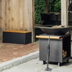 Banc Acier Laqué Noir Et Bois De Teck - Ofyr -Pas Cher Saveur BBQ Magasin banc noir teck 2020000022336 2